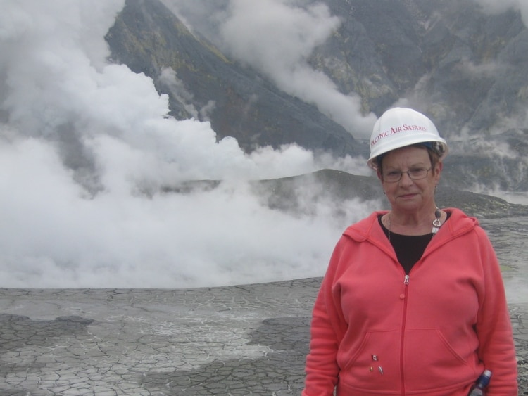 Lynne exploring White Island, NZ. White Island is an active Volcano off the coast of the Bay of Plenty